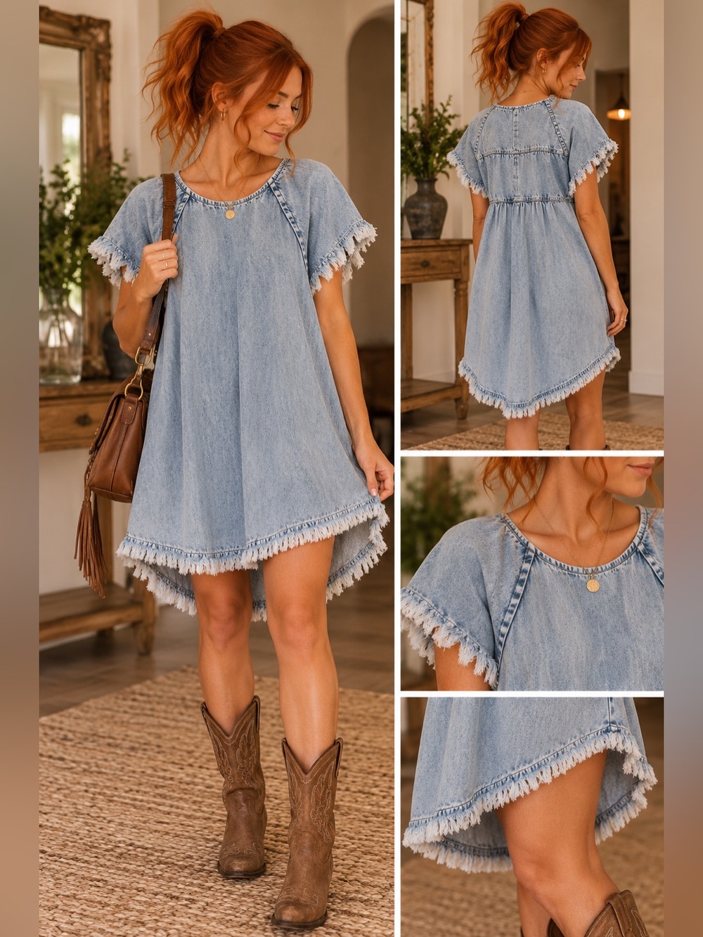 Umgee Denim Fringe High Low Swing Dress Small Boho Western
